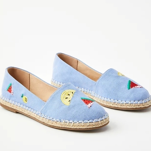 NEW! LOFT Chambray Embroidered Fruit Design Espadrille Slip On Flat Loafers 9.5. - Picture 1 of 8
